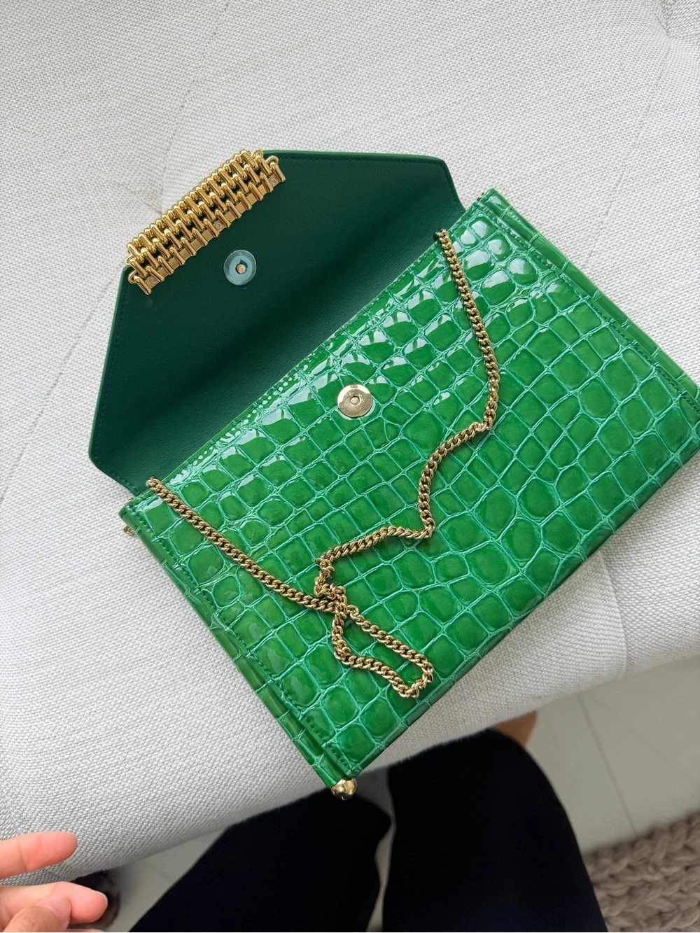 Aquazurra downtown chain envelop clutch. Green Envelope Clutch with Gold Tassel